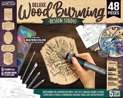 The <b>wood</b> <b>burning</b> tool has 5 interchangeable <b>wood</b> burner pen tips to create a multitude of different strokes and textures within your <b>wood</b> art. . Artskills wood burning kit